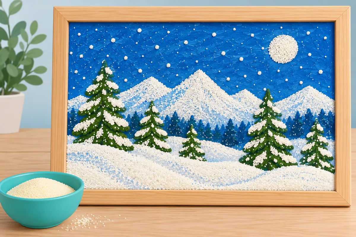 Зимний пейзаж из манки и соли в рамке
